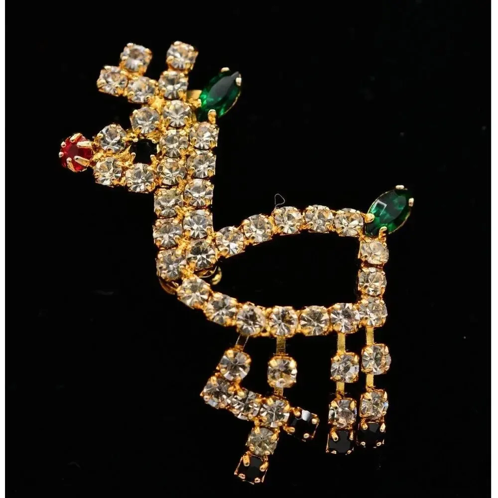 Vintage Crystal Reindeer Pin Brooch Rhinestone Gold Tone Christmas 1980s BinAT